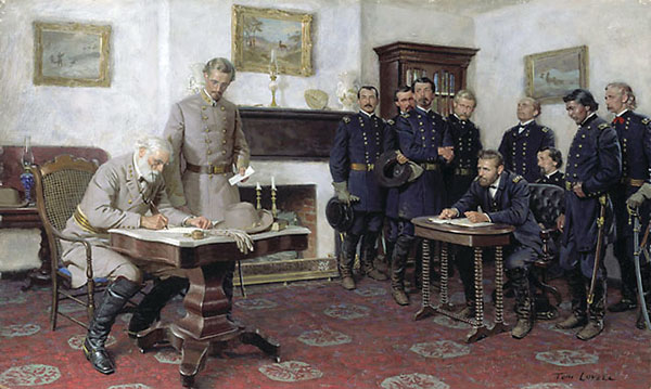 Il 9 aprile 1865, ad Appomattox, il generale Lee, comandante in capo dell'esercito della Confederazione del Sud, firma l'atto di resa al generale Grant