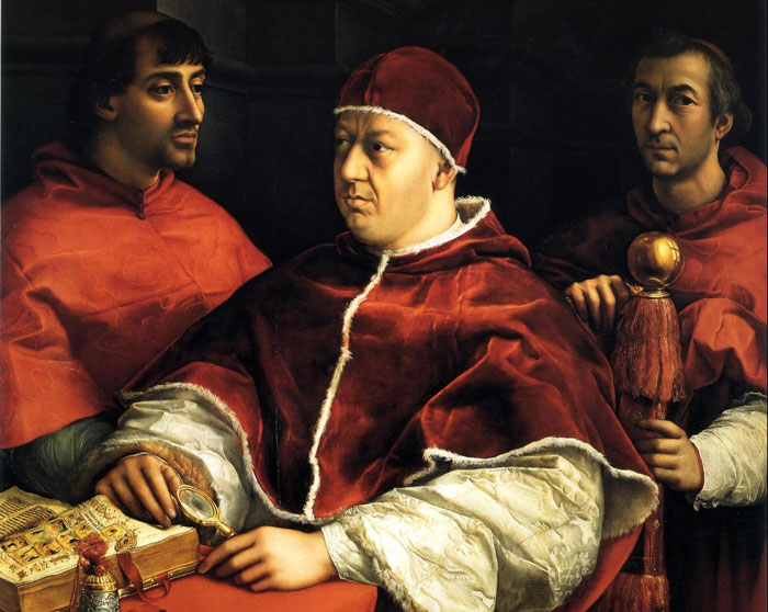 Raffaello Sanzio, Ritratto di papa Leone X con i cardinali Giulio de' Medici (sinistra) e Luigi de' Rossi (destra), 1518-1519, Firenze, Galleria degli Uffizi