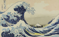 Katsushika Hokusai (1760 - 1849). Nel cavo d’onda al largo di Kanagawa (La grande onda). Xilografia policroma nishikie al blu di Prussia, formato grande orizzontale (oban yokoe), 1831
