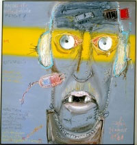 Mattia Moreni , Autoritratto n.5 "Mattia Moreni a 67 anni di sua età, con cuffia da ascolto con pustola bioelettronica e con tre denti", 1988